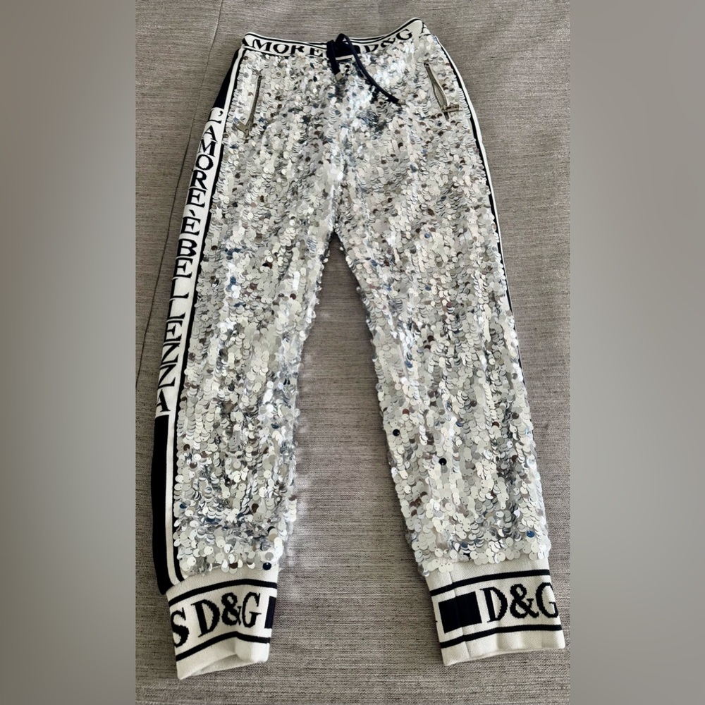 Dolce & Gabbana Metallic silver DG logo Sequins White and Black Striped Joggers